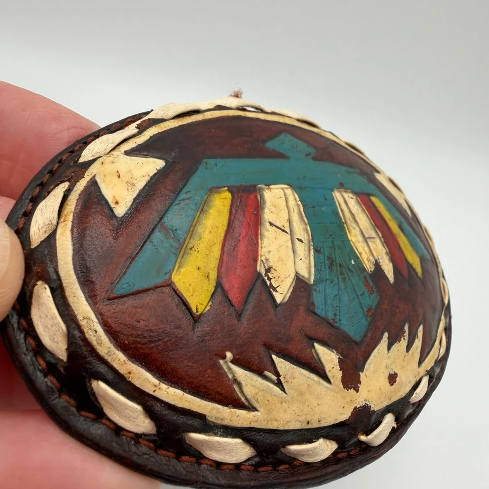 VTG Justin Leather Belt Buckle Hand Tooled Thunderbird Painted Oval 61-P‎